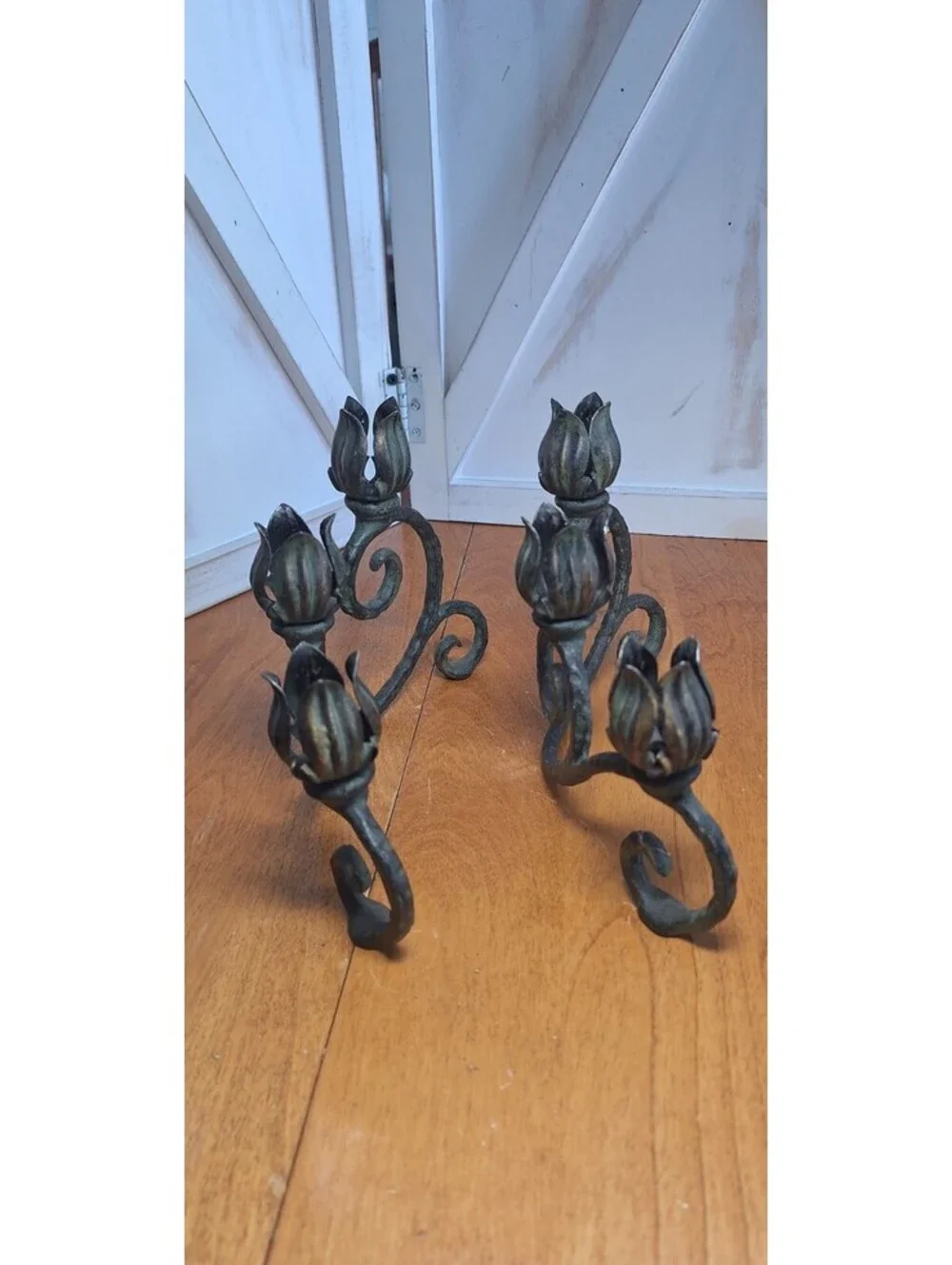 VTG Pair Brass/cast Iron Candlestick holders Tulip Buds on each Scroll Design